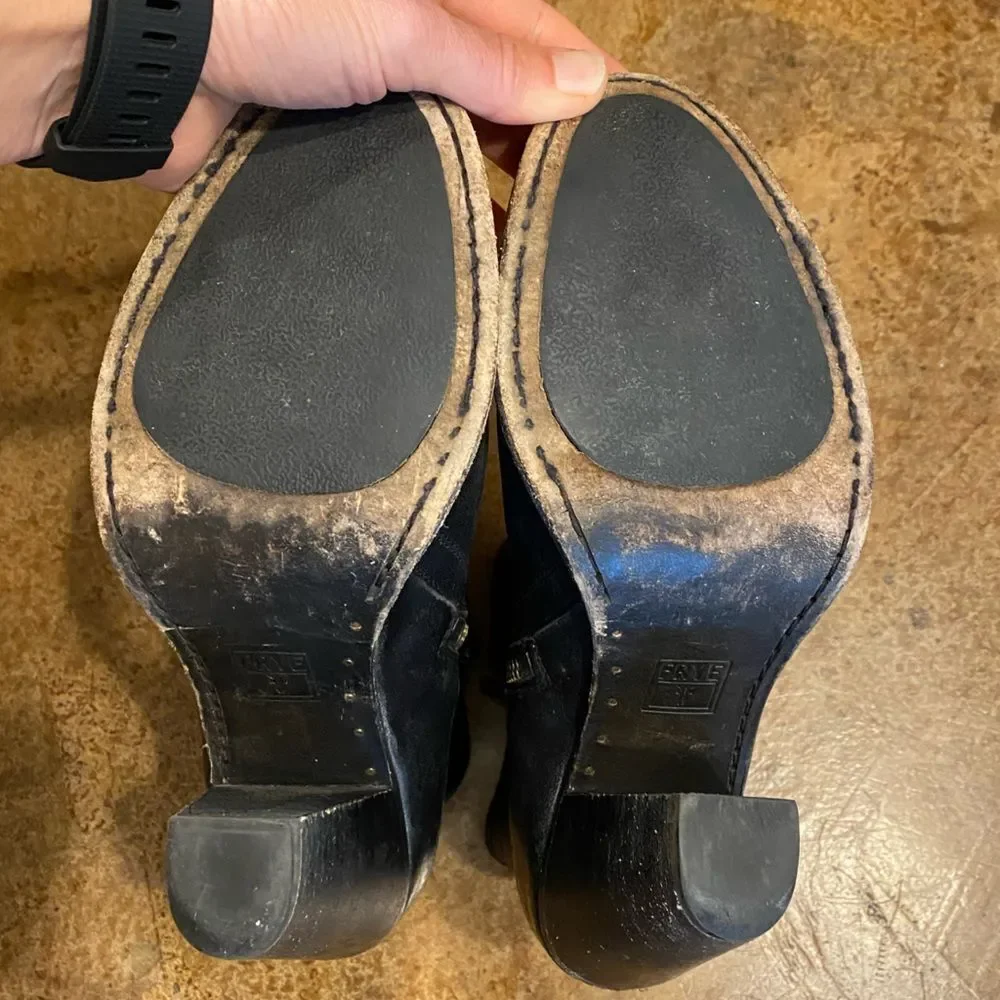 Frye Black leather‎ Jenny Shield stack heeled short boot Booties sz 8.5 - Picture 9 of 11